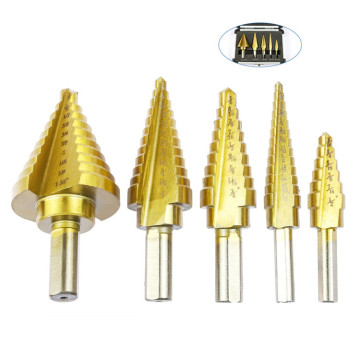 5PCS Titanium Coated Spiral Flute HSS Step Drill Bit Set Step Cone Drill Bit Hole Cutter for Metal Wood Steel Plastic